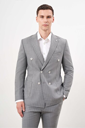 Morven Erkek Gri Poliviskon Trend Kruvaze Slim Fit Sivri Yaka Takım Elbise