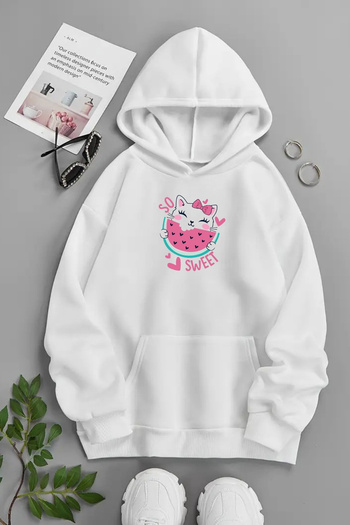 CLAYES Unisex Λευκό Φούτερ με κουκούλα – Καρπούζι, Χοντρό ύφασμα με στάμπα