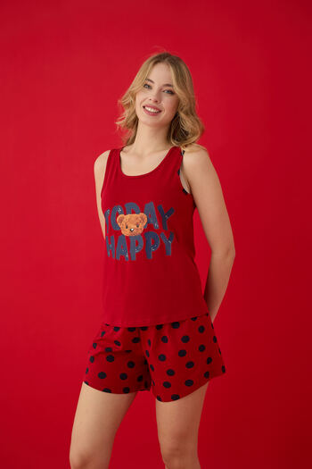 Lavint Homewear Women's 95% Cotton 5% Lycra Polka Dot Teddy Bear Patterned Comfortable Fit Shorts Pajama Set