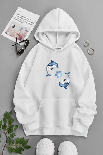 Sweetline Unisex Λευκό Φούτερ με κουκούλα – 2 τεμάχια Dolphin, Χοντρό ύφασμα με στάμπα