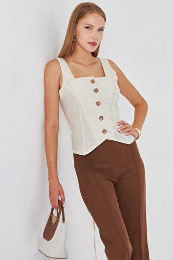 armonika Women's Cream Square Collar Linen Look Vest with Lace Detail on the Back Arm-25Y001089