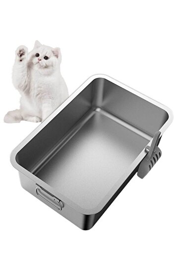 KidLe Large Stainless Steel Cat Litter Box Metal Litter Pan
