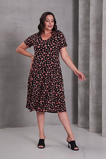 Truva XXL Plus Size V Neck Pocket Flared Skirt Floral Viscose Dress