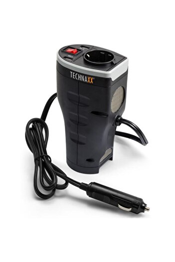 Technaxx TE13 Power Inverter, 200W, 12V Input, 230V Output, 2xUSB-A, 20A Fuse (Black)