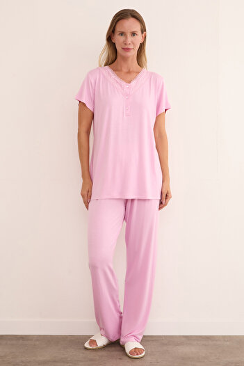 Fulla Moda Yakası Dantel Detaylı Pijama Takımı