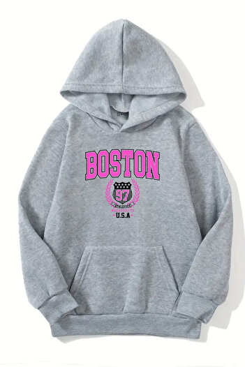 CLAYES Unisex γκρι φούτερ με κουκούλα – Boston Usa Printed, Χοντρό ύφασμα με αναστολή