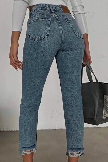 FashionForYou Blugi slimfit Colombo maro, cu perforații în partea de jos a piciorului, talie înaltă