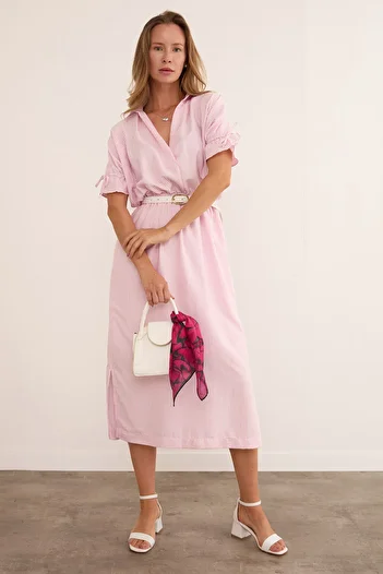 Fulla Moda Rochie cu guler cămașă în dungi și talie și mâneci elastice