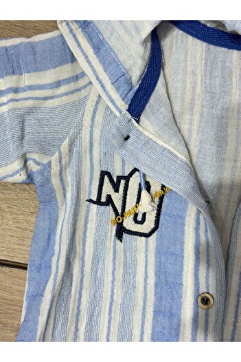 Tk Tela Kids Bebe 3Lu Set 6/9/12/18 Months Range Müslüm Fabric Shirt with Hat Blue White Striped Pocket