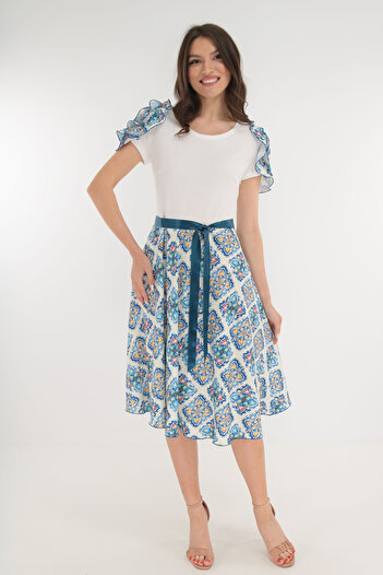 Vanessa Line RO Rochie clos alba cu imprimeu abstract albastru