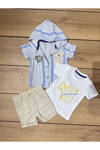 Tk Tela Kids Bebe 3Lu Set 6/9/12/18 Months Range Müslüm Fabric Shirt with Hat Blue White Striped Pocket
