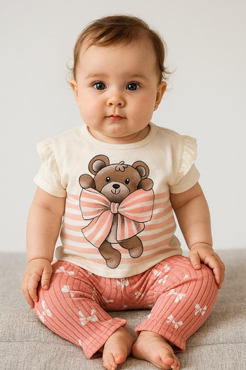 Uğur bebe Cute Teddy Bear Printed Baby Girl 2-Piece Set Cream T-Shirt and Ribbed Leggings with Pink Bow
