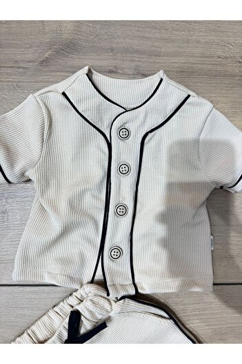 Tk Tela Kids Bebe Set 2 Pcs 6/9/12 Months Range Crepe Fabric Shirt Button Double Stripe Black Color Beige