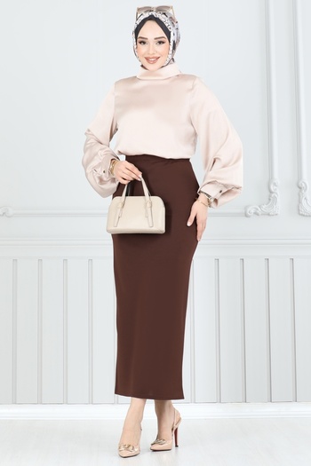 ModaMerve Elastic Waist Pencil Skirt 101Hbs856-Ms Brown