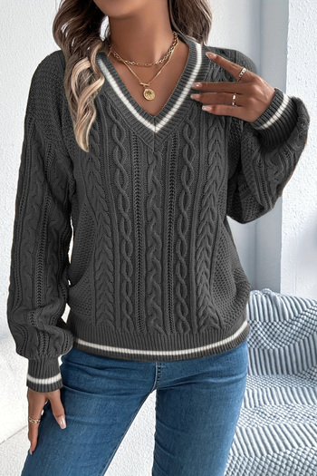 TRQOM Women's Striped V-Neck Knitted Patterned Sweater Anthracite