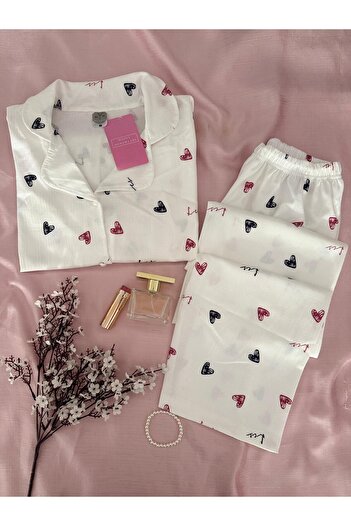 MH Moony Homewears Black Red Heart Detailed Special Textured Buttoned Pajama Set
