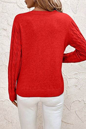 TRQOM Women's Hair Braided V-Neck Red Knitwear Sweater