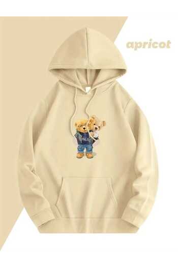 caddekombin Couple Bears Printed Hooded Pocket Cotton Beige Sweatshirt