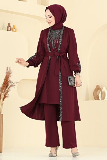 ModaMerve Sequin Detail Suit Asm2805-Ms Burgundy