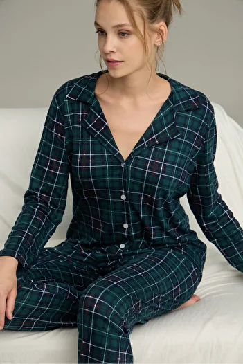 Siyah İnci Green Plaid Pattern Shirt Collar Button Milan Knitted Pajamas Suit25224037