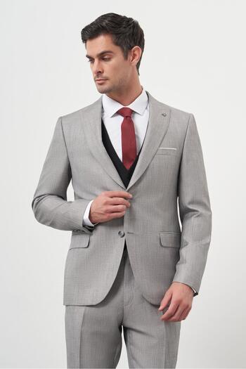 Morven Erkek Gri Trend Yelekli Kombinli Slim Fit Sivri Yaka Takım Elbise
