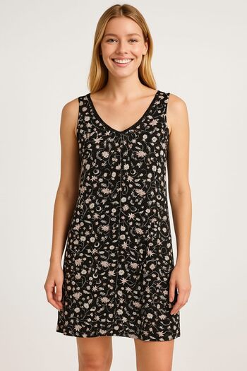 enmodaiçgiyim Black 100% Cotton Viscose Women's Nightdress–Floral Pattern, V-Neck, Lace Detail, Stretchy Summer Home Wear