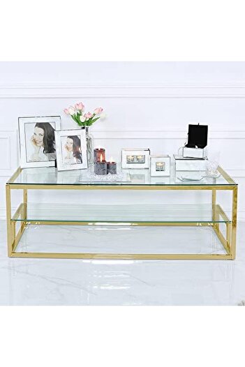 Vanity Living Coffee Table for Living Room, 2 Tier Modern Tempered Glass Tabletop with Lazzaro Gold