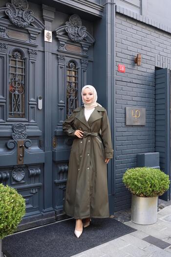 Hb Harma Time Butik Women's Belted Double Button Lined Bondit Khaki Trench Coat