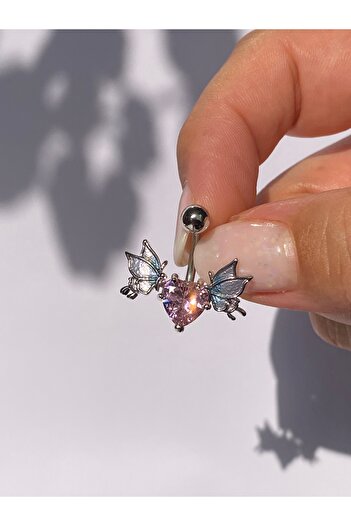 kurukafagift Göbek Çelik Piercing Yarasa Figürlü Kelebekli Pembe Zirkon Taşlı Kalpli Model
