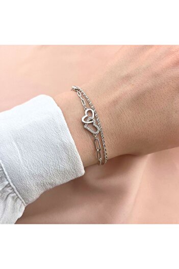 Bijuteria SORELLY Bratara Argint Double Chains Inimi cu Pietre Zirconia