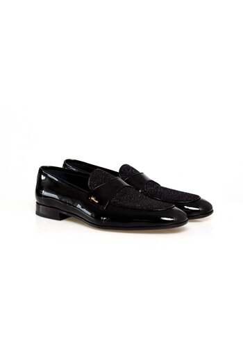 FRANCO CALVANI Black Color Laceless Genuine Leather Men's Patent Leather Shoes