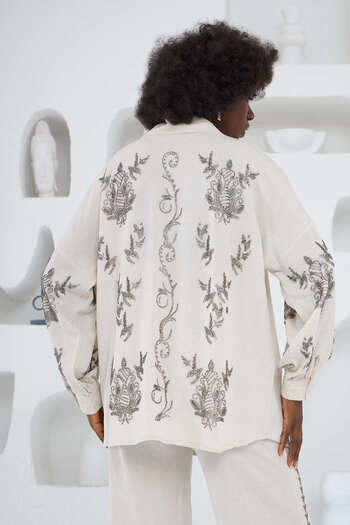 MİA NOURA Women's Sleeves and Back with Bead Embroidery Kimono