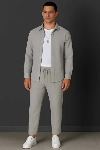 dwnwear Bürümcük Crinkle Fabric Summer Lycra Unisex Women's Men's Long Sleeve Shirt Tracksuit Set