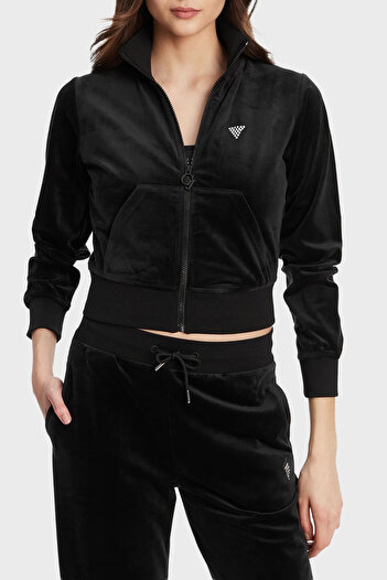 Guess Couture Taşlı Regular Fit Στάνταρ Γιακάς Βελούδο Crop Sweat V3BQ22K0232 SWEAT V3BQ22 K0232 JBLK