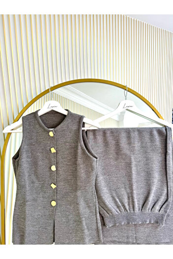 Lusin Women's Stylish Button Detailed Gray Vest Skirt Bottom Top Double Knitwear Set