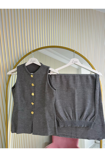 Lusin Women's Stylish Button Detailed Gray Vest Skirt Bottom Top Double Knitwear Set