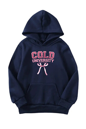Sweetline Hanorac unisex oversize cu glugă cu imprimeu Cold Universty de iarnă - bleumarin