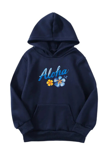 Sweetline Unisex Oversize Hooded Winter Aloha Floral Printed Hooded Sweatshirt - Navy Blue