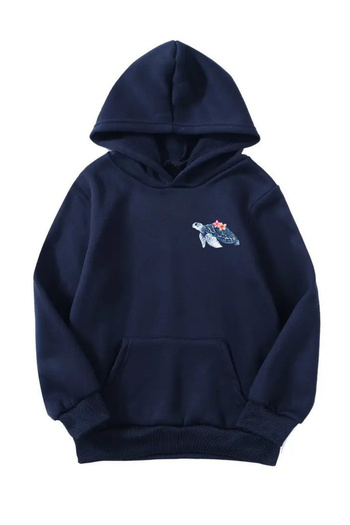 Sweetline Unisex Oversize Hooded Winter Little Turtle Printed Hooded Sweatshirt - Navy Blue