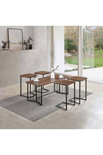 BAITY Coffee Tables Set of 5 Interlocking Wooden Pieces - Brown with Metal Base