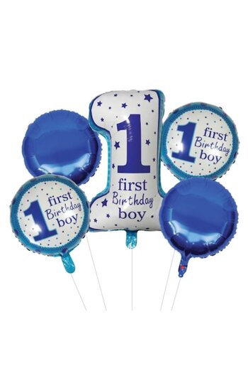 Bibilel Set 5 baloane 1st Birthday, pentru baietel, ghirlanda, Albastru Alb