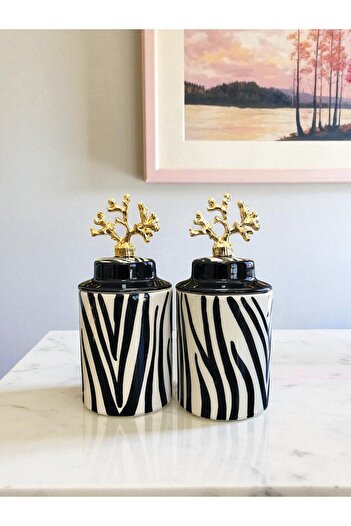 ferayhome Kitchen Accessory Spice Rack Set of 2 with Ceramic Lid Black Mixed Zebra Stripes Gold