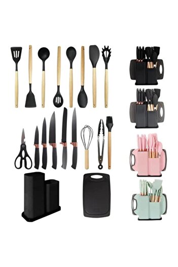 Tradeo 19pcs Green silicone spatula set with holder—heat-resistant, BPA-free, safe for nonstick cookware.