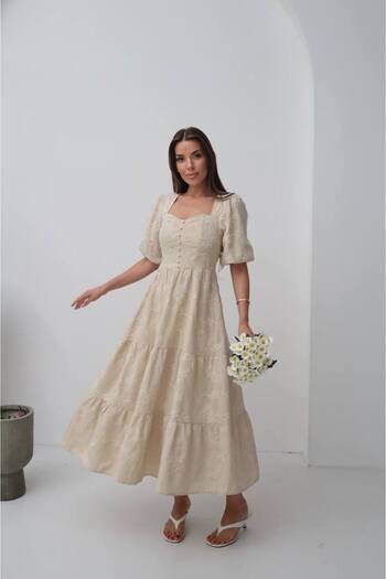 369 etnik butik Lace Brode Pattern Layered Maxi Dress - Square Neckline - Short Puff Sleeve