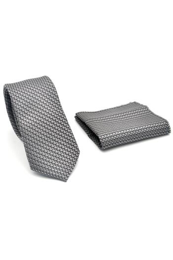 Gaffy White Small Square Pattern Gray Woven Fabric Slim Fit Tie with Pocket Square // Sdk-2511-4