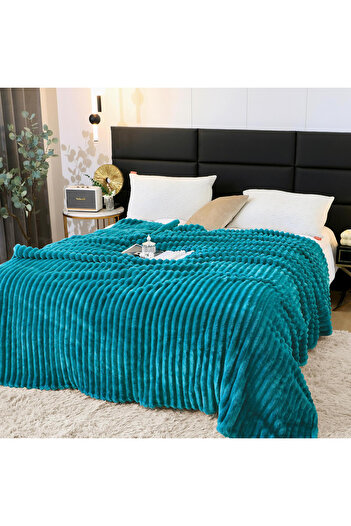 JOJO HOME Fluffy striped cocolino blanket, double bed, PCD-01, turquoise, 200 x 230 cm
