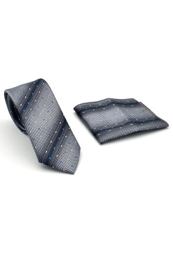 Gaffy Slim Fit Tie with Smoked Cheater Pattern Gray Woven Fabric Handkerchief // Sdk-2505-4