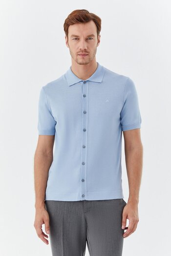 Sabri Özel Polo Neck Short Sleeve Knitwear Men's Shirt Light Blue