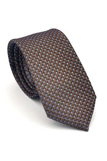 Gaffy Blue Dot Patterned Brown Woven Fabric Slim Fit Tie with Handkerchief // Sdk-2510-5