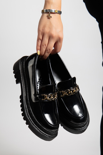 DİORİN Women's Loafer Moccasin Slim Stylish Buckle Black Patent Leather Casual Shoes